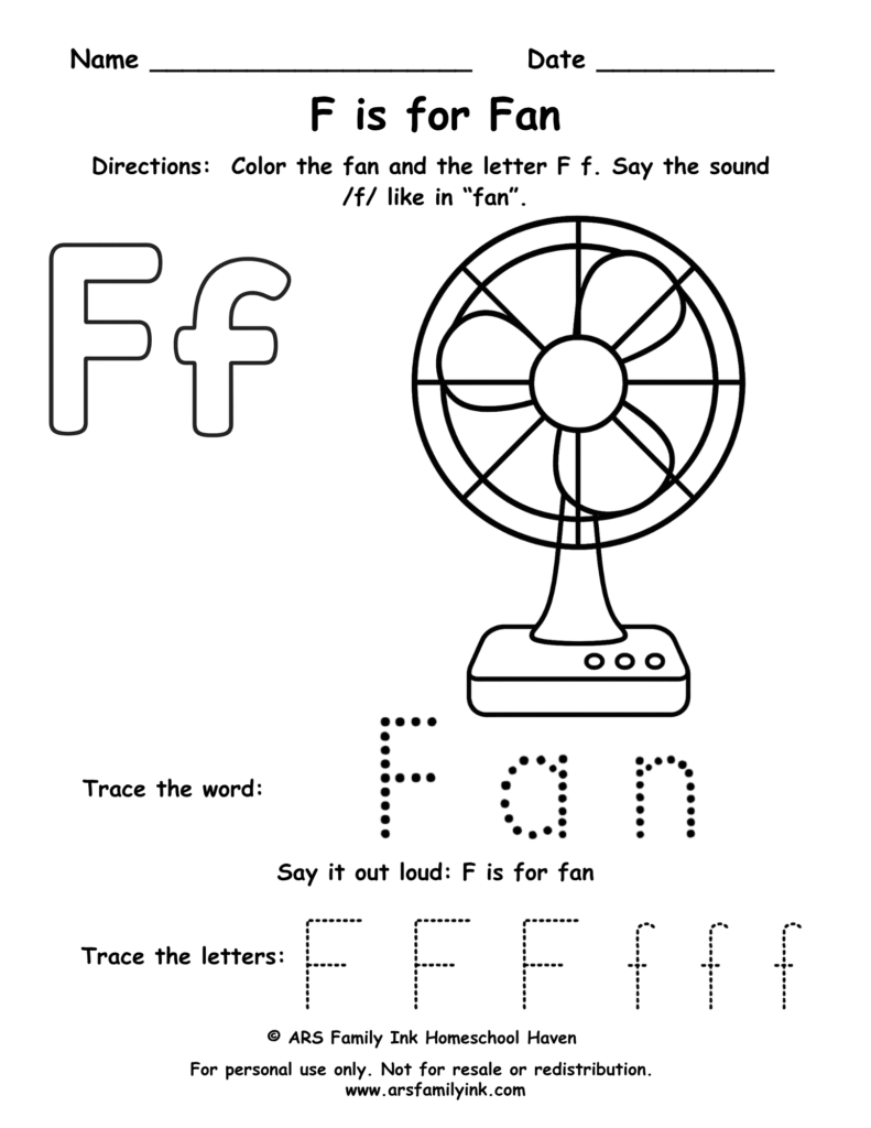Letter F worksheet for preschool – F is for fan printable