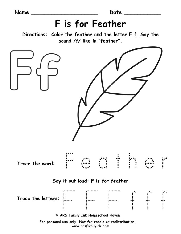 Letter F worksheet for preschool – F is for feather printable