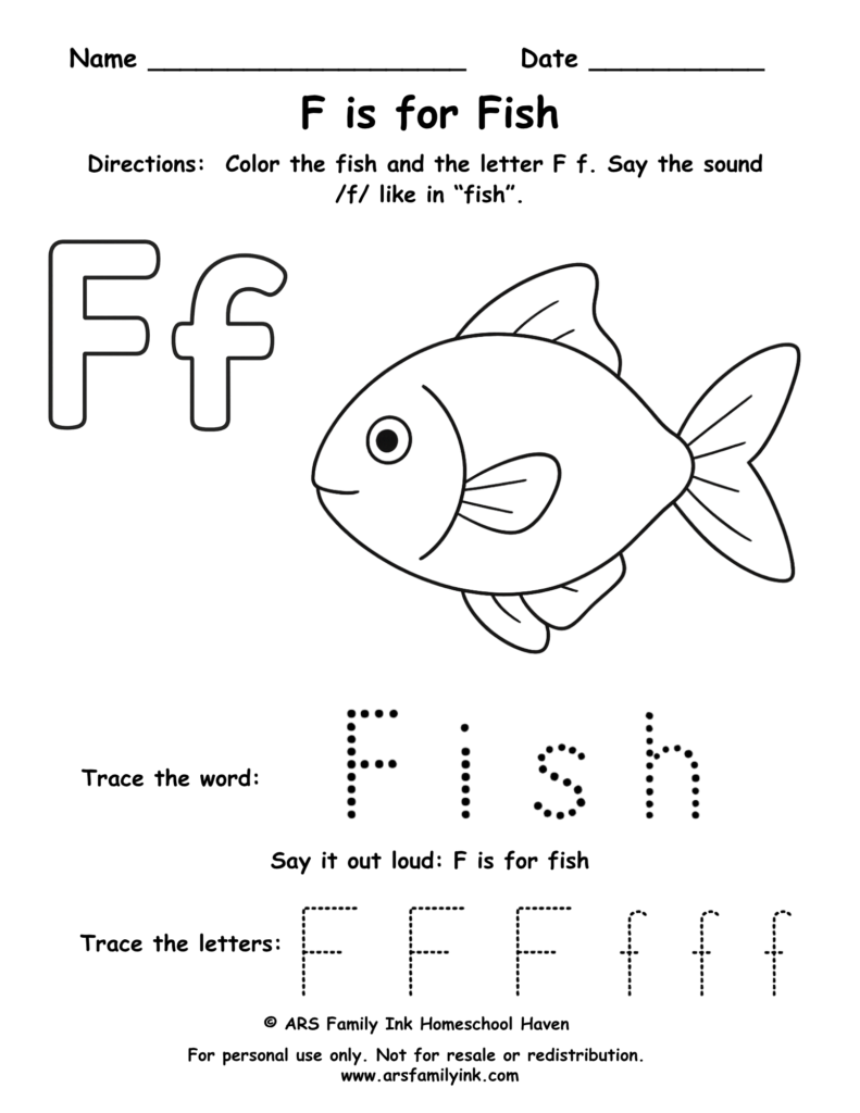 Letter F worksheet for preschool – F is for fish printable