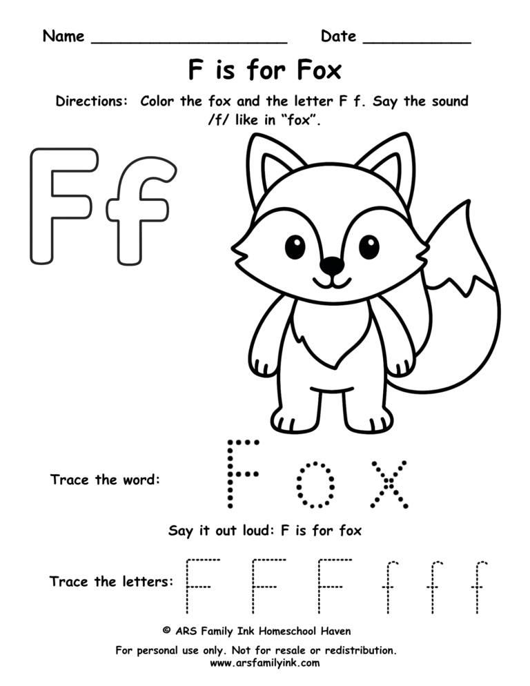 Letter F worksheet for preschool – F is for fox printable