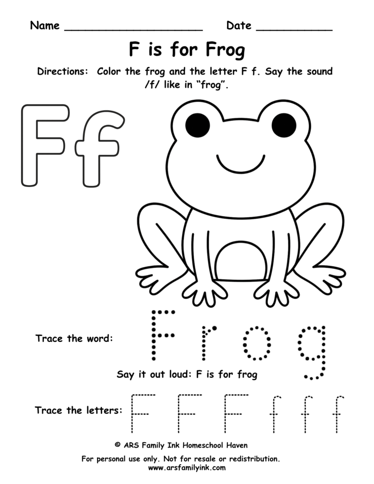 Letter F worksheet for preschool – F is for frog printable