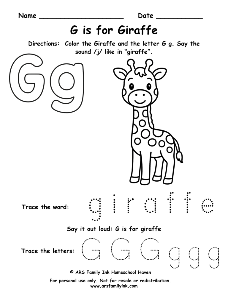 Letter G worksheet for preschool – G is for giraffe printable