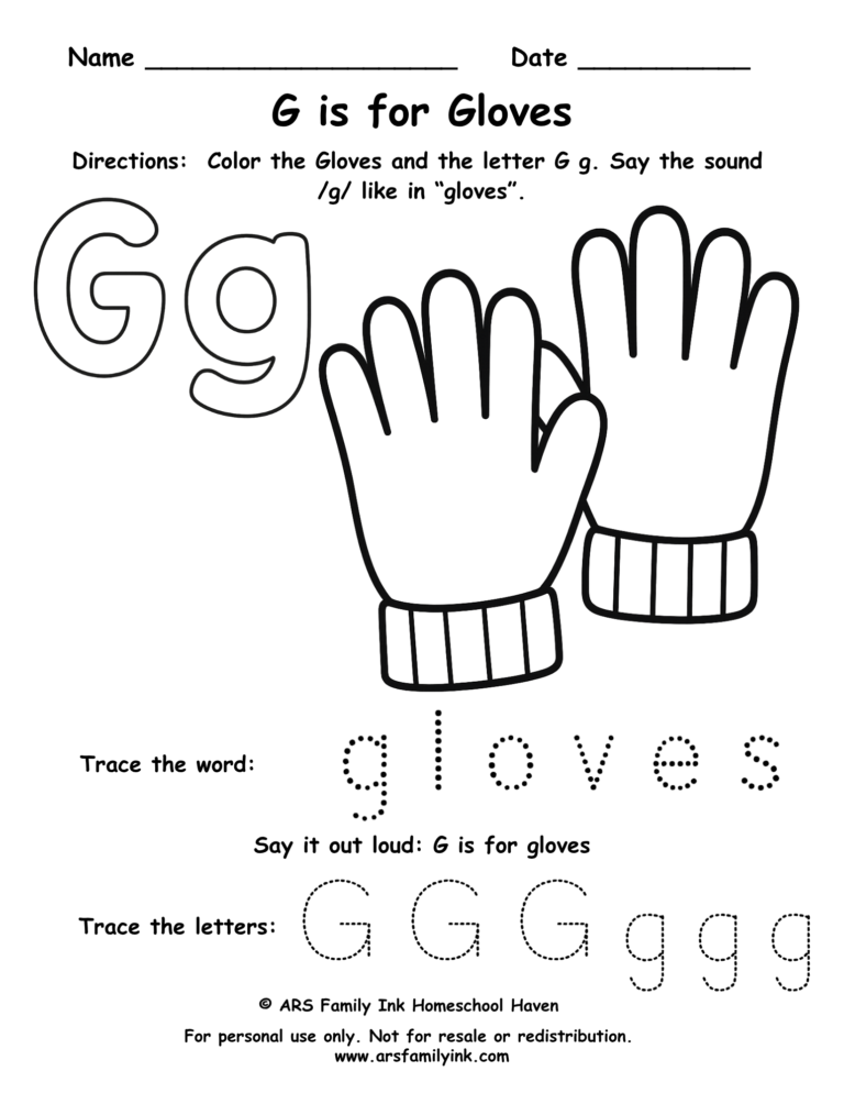 Letter G worksheet for preschool – G is for gloves printable