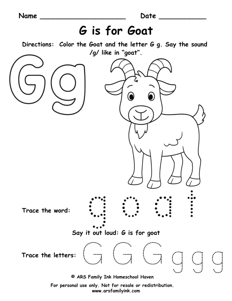 Letter G worksheet for preschool – G is for goat printable
