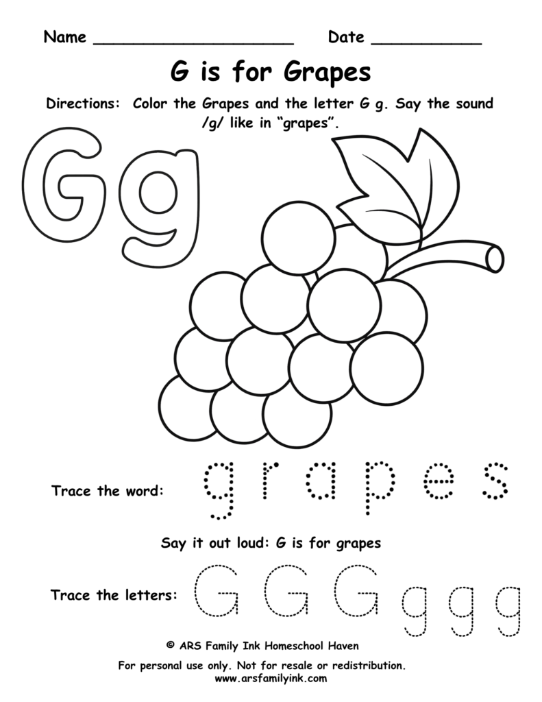 Letter G worksheet for preschool – G is for grapes printable