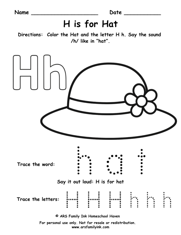 Letter H worksheet for preschool – H is for hat printable