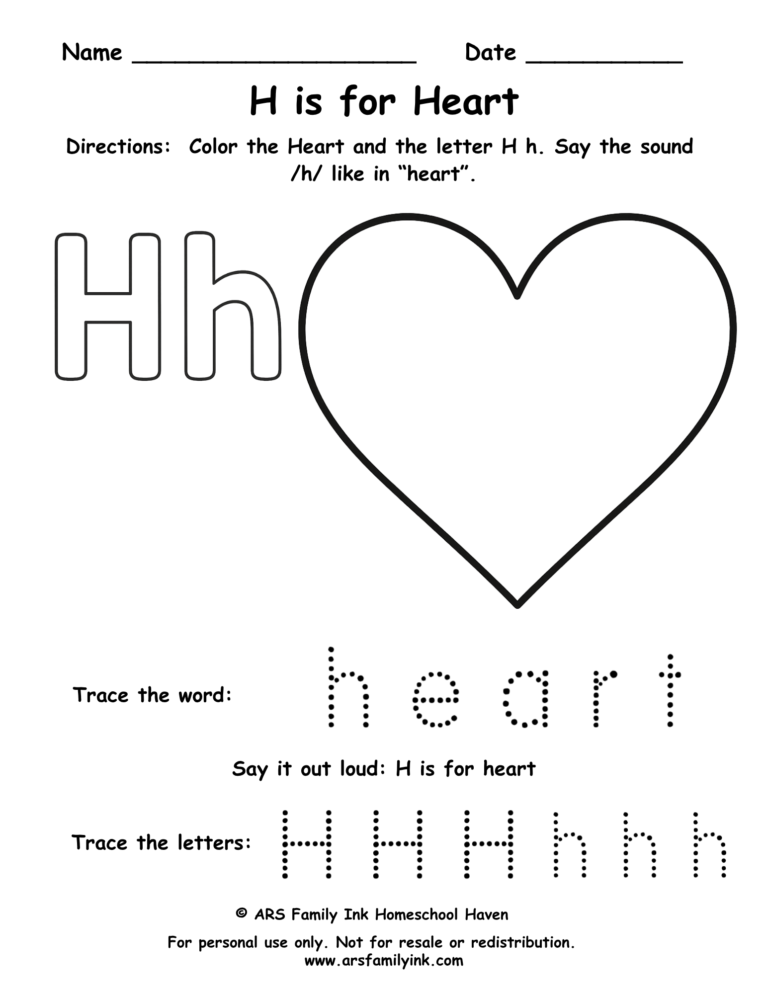 Letter H worksheet for preschool – H is for heart printable