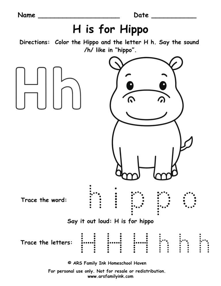Letter H worksheet for preschool – H is for hippo printable