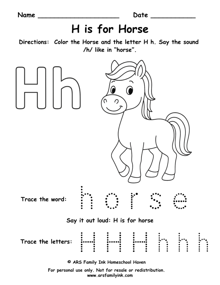 Letter H worksheet for preschool – H is for horse printable