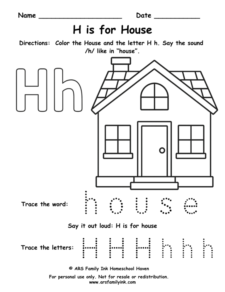 Letter H worksheet for preschool – H is for house printable