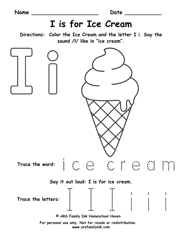 Letter I worksheet for preschool – I is for ice cream printable