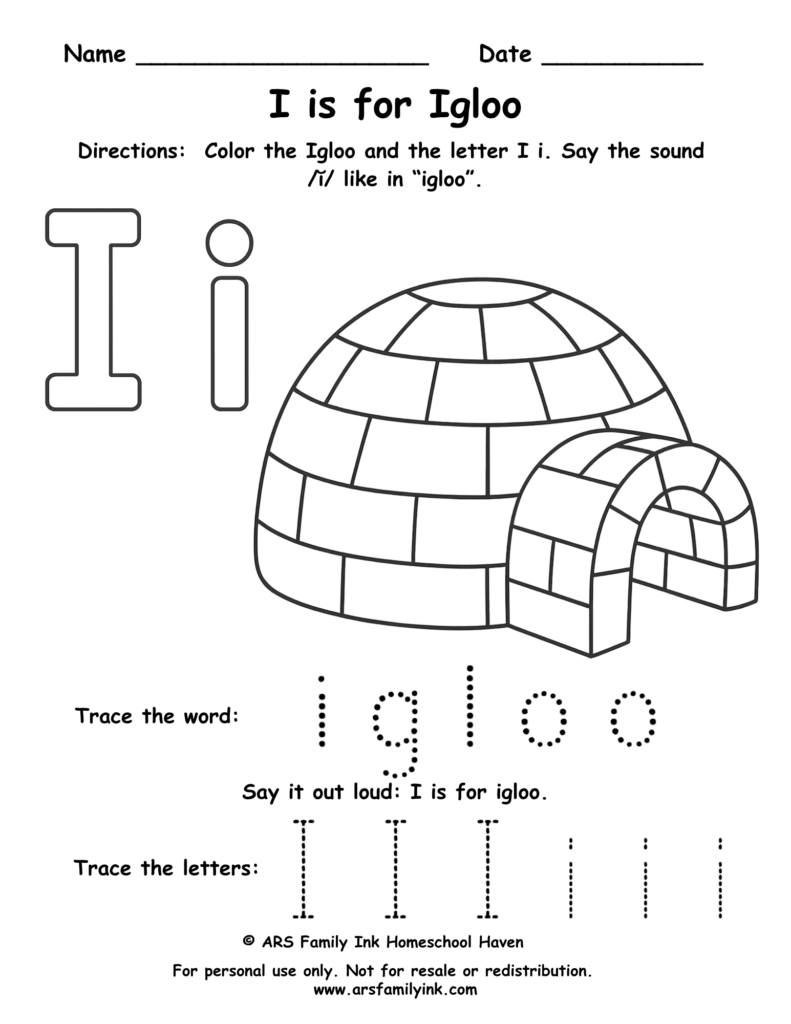 Letter I worksheet for preschool – I is for igloo printable