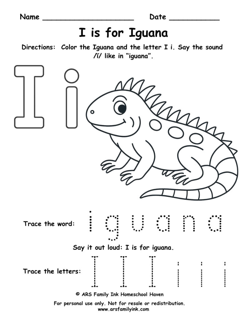 Letter I worksheet for preschool – I is for iguana printable