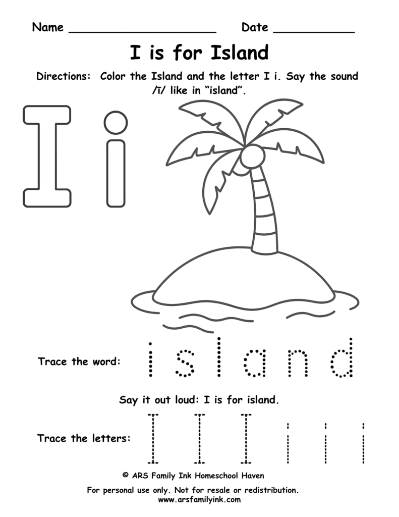 Letter I worksheet for preschool – I is for island printable