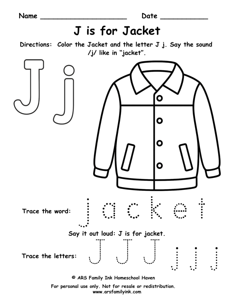 Letter J worksheet for preschool – J is for jacket printable