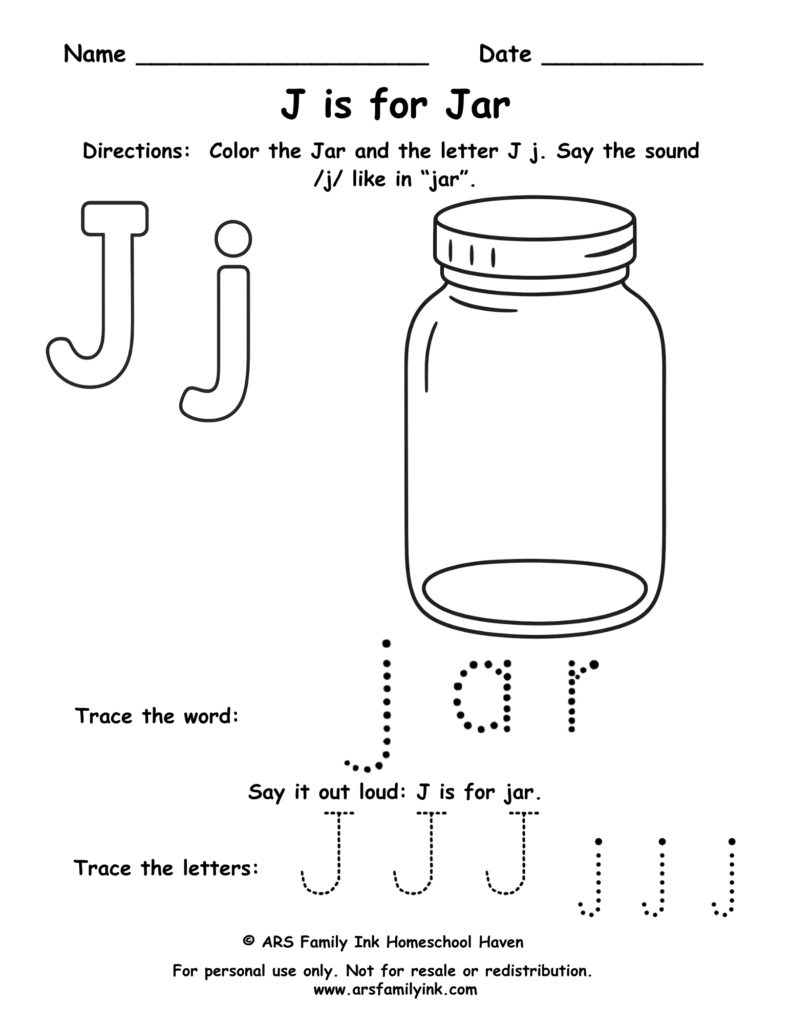 Letter J worksheet for preschool – J is for jar printable
