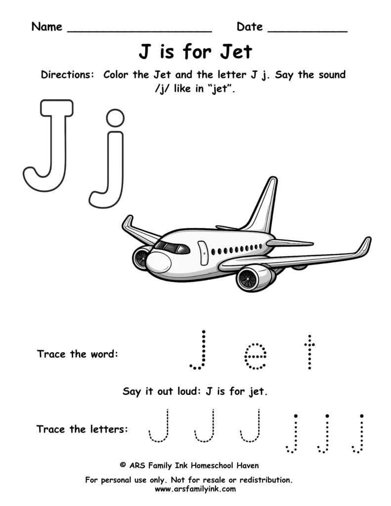 Letter J worksheet for preschool – J is for jet printable