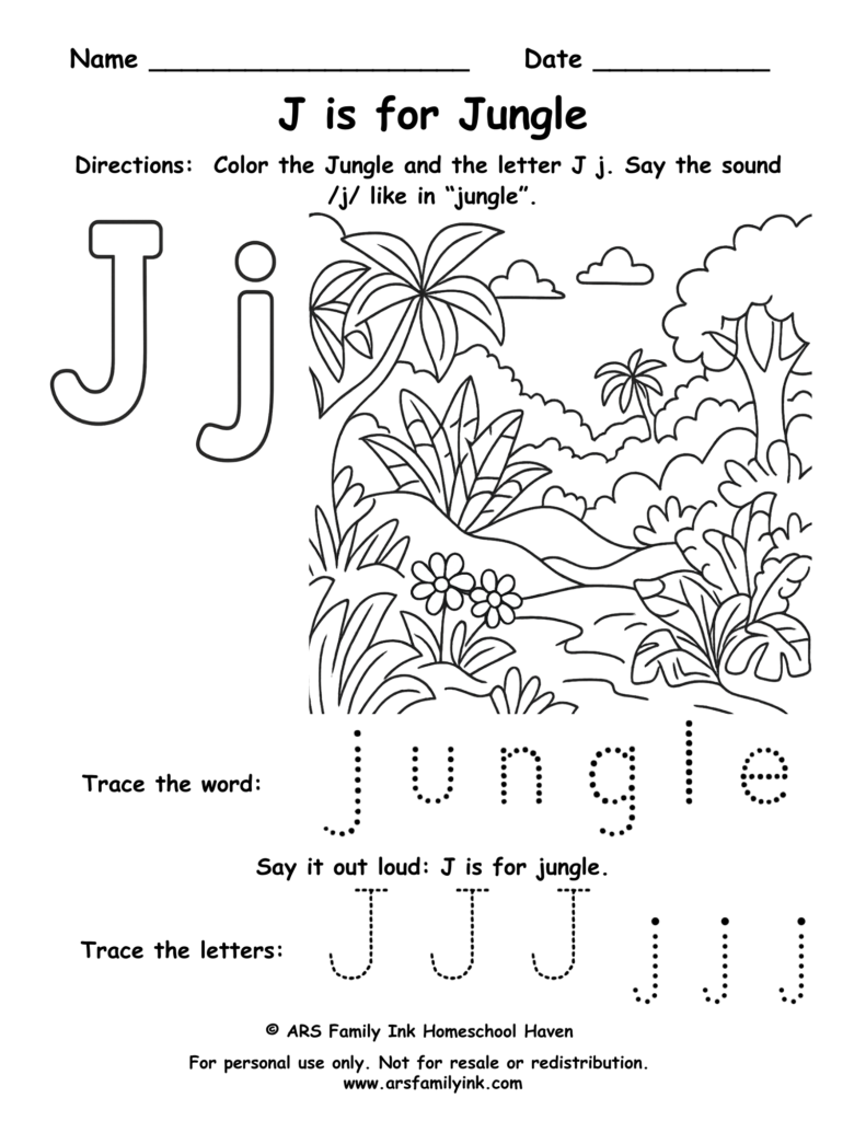 Letter J worksheet for preschool – J is for jungle printable