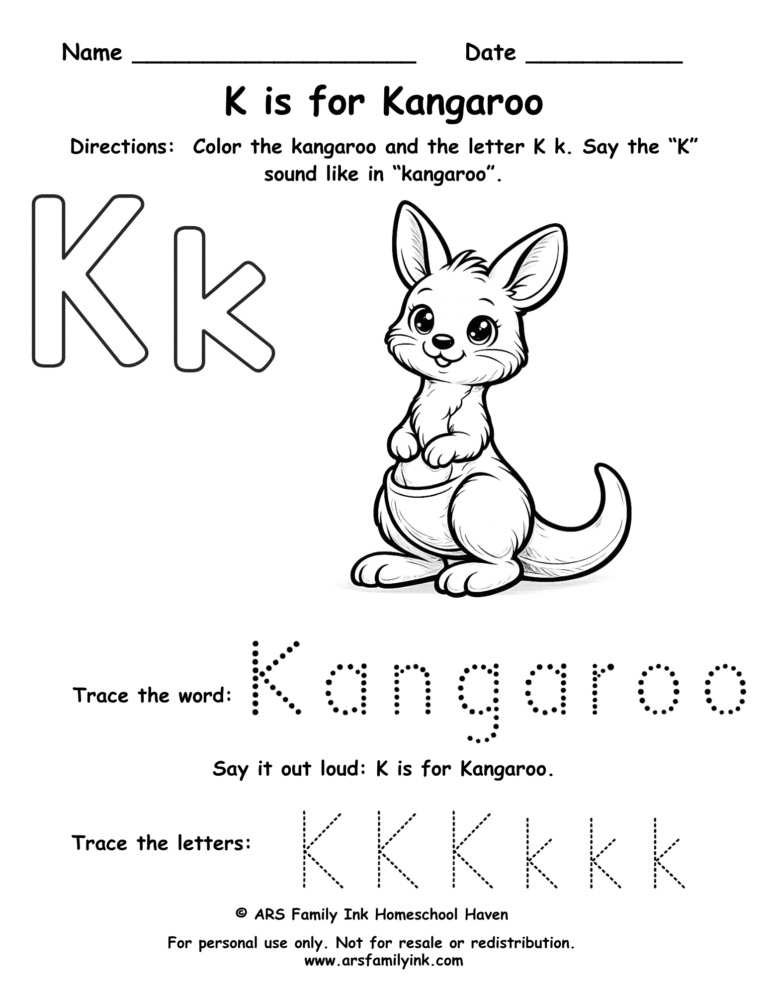 Pre-K letter K worksheet where children color a kangaroo, trace uppercase and lowercase K, and practice the K sound. Printable phonics activity.
