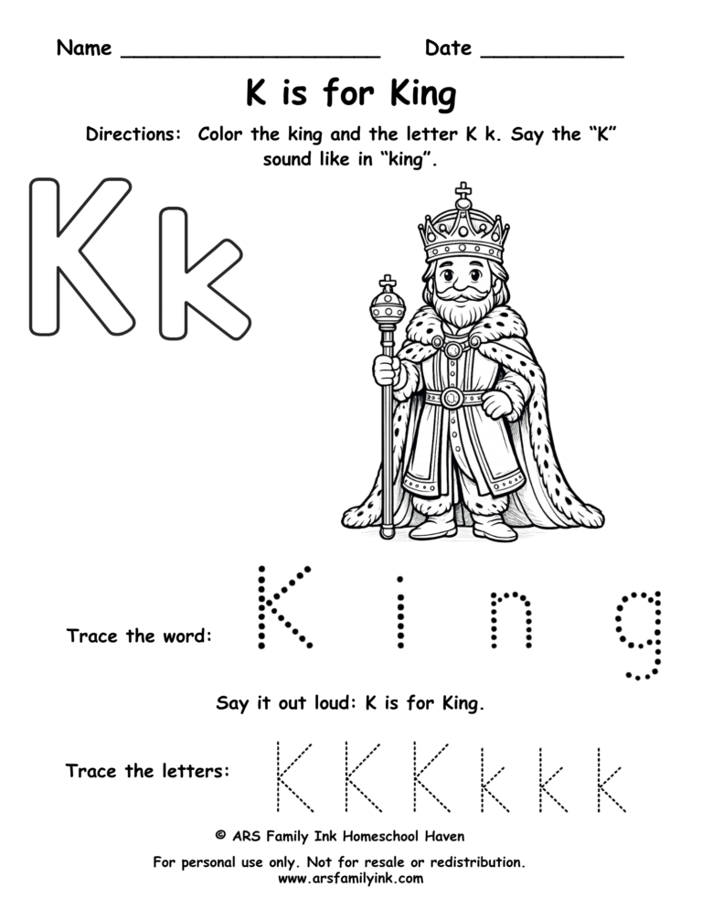 Pre-K letter K worksheet where children color a king, trace uppercase and lowercase K, and practice the K sound. Printable phonics activity.