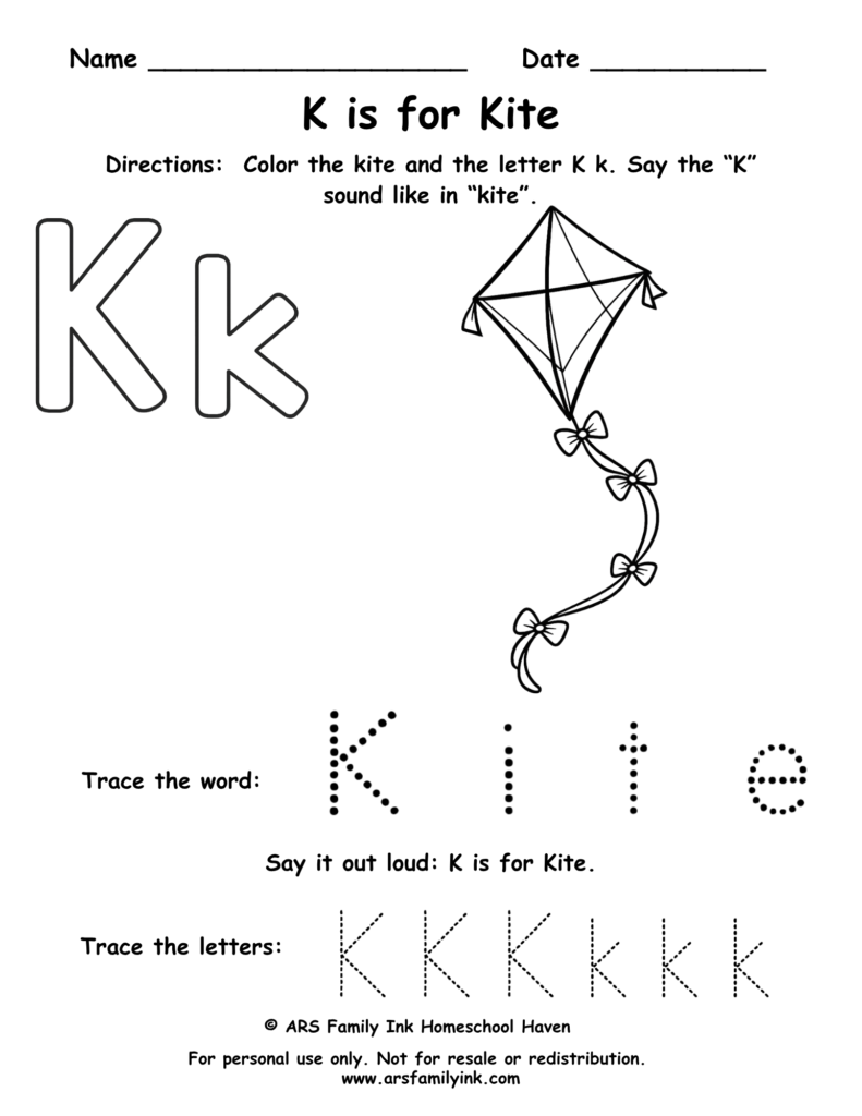 Pre-K alphabet worksheet for letter K where children color a kite, trace uppercase and lowercase K, and practice the K sound. Printable phonics activity.