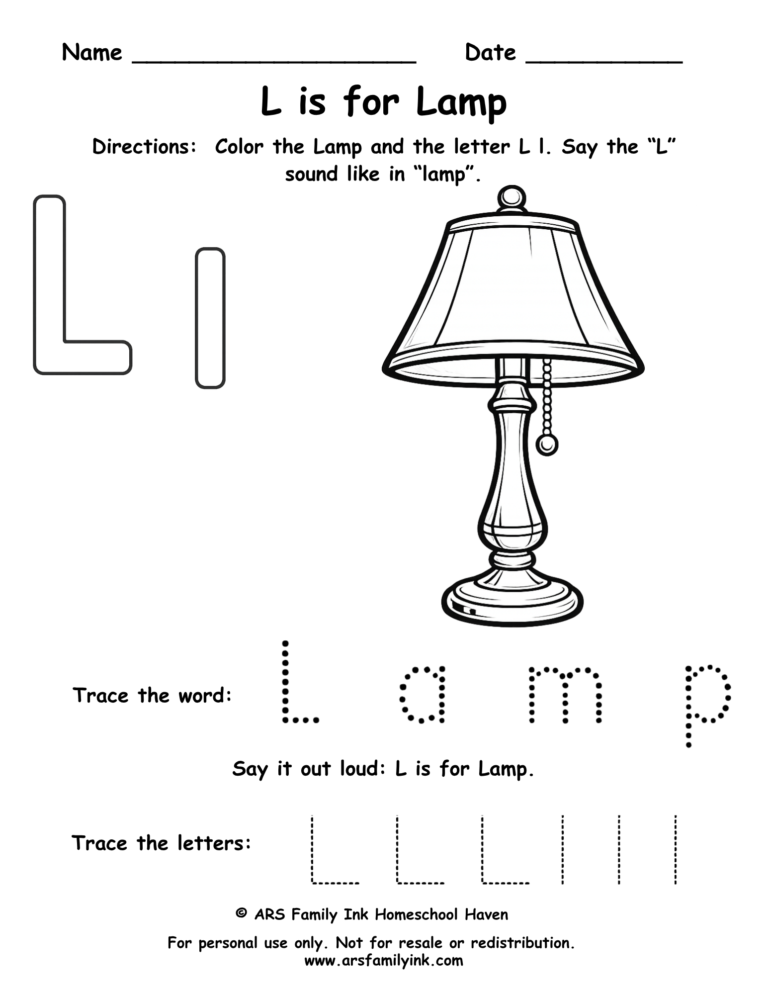 Pre-K letter L worksheet where children color a lamp, trace uppercase and lowercase L, and practice the L sound. Printable phonics activity.
