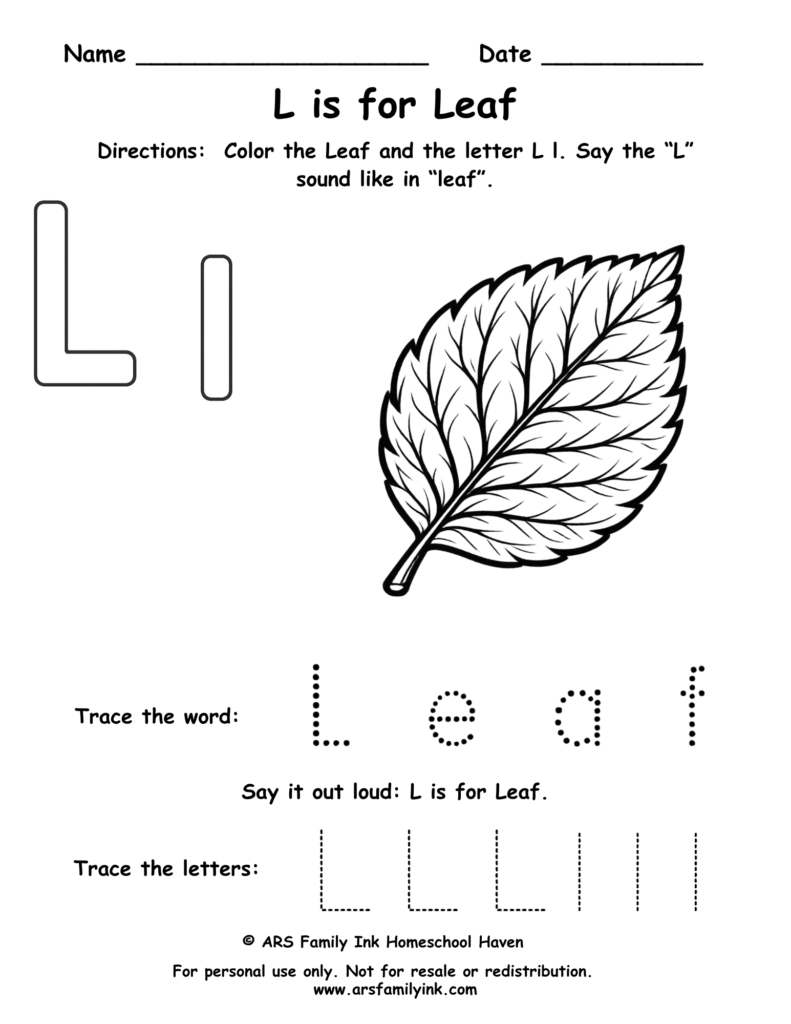 Pre-K letter L worksheet where children color a leaf, trace uppercase and lowercase L, and practice the L sound. Printable phonics activity.