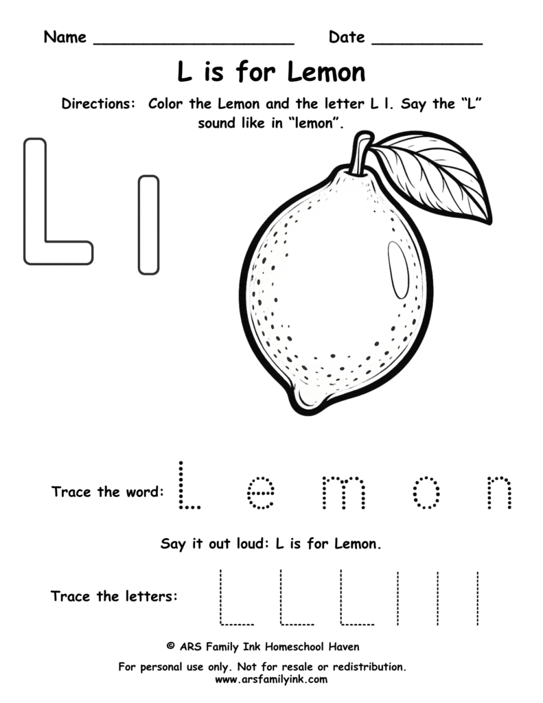 Pre-K letter L worksheet where children color a lemon, trace uppercase and lowercase L, and practice the L sound. Printable phonics activity.