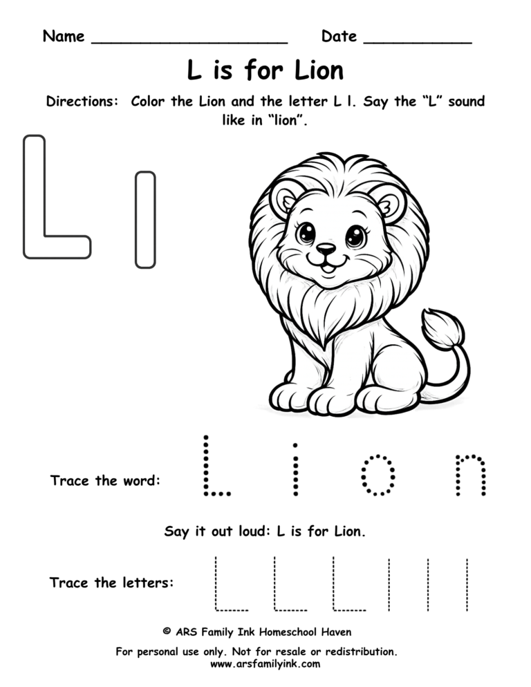 Pre-K letter L worksheet where children color a lion, trace uppercase and lowercase L, and practice the L sound. Printable phonics activity.