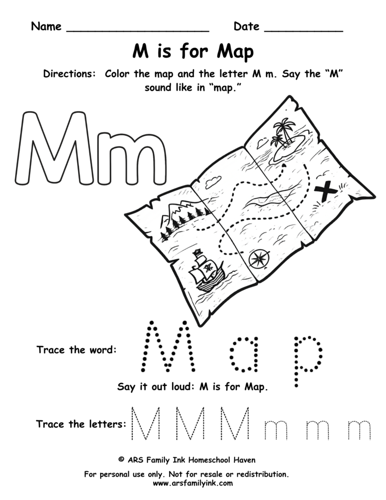 Preschool letter M worksheet where children color a map, trace uppercase and lowercase M, and practice the M sound. Printable phonics activity.