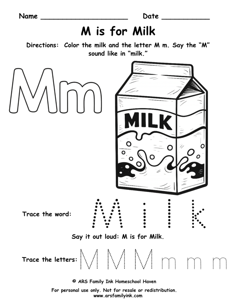 Preschool letter M worksheet where children color a milk carton, trace uppercase and lowercase M, and practice the M sound. Printable phonics activity.
