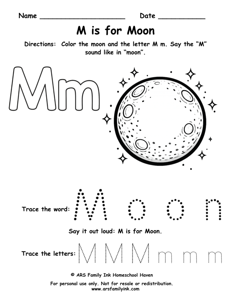 Pre-K letter M worksheet where children color a moon, trace uppercase and lowercase M, and practice the M sound. Printable phonics activity.