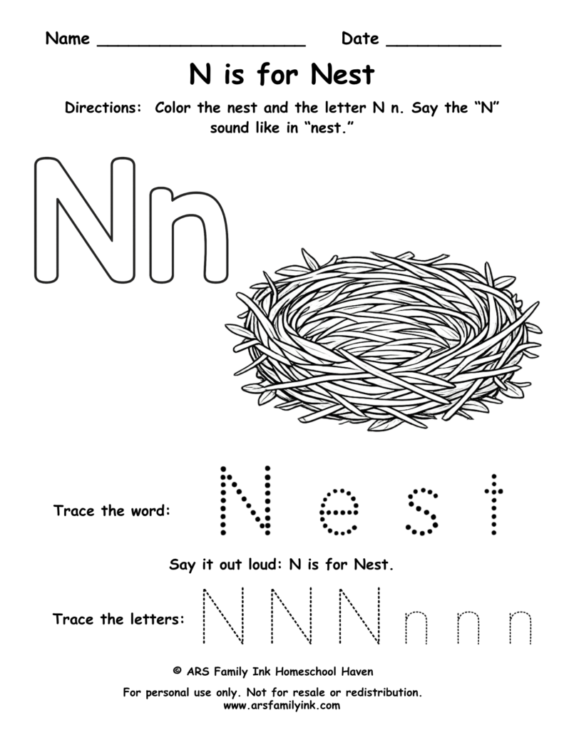 Preschool letter N worksheet with a nest. Kids color the nest, trace uppercase and lowercase N, and practice the N sound. Free printable phonics activity.