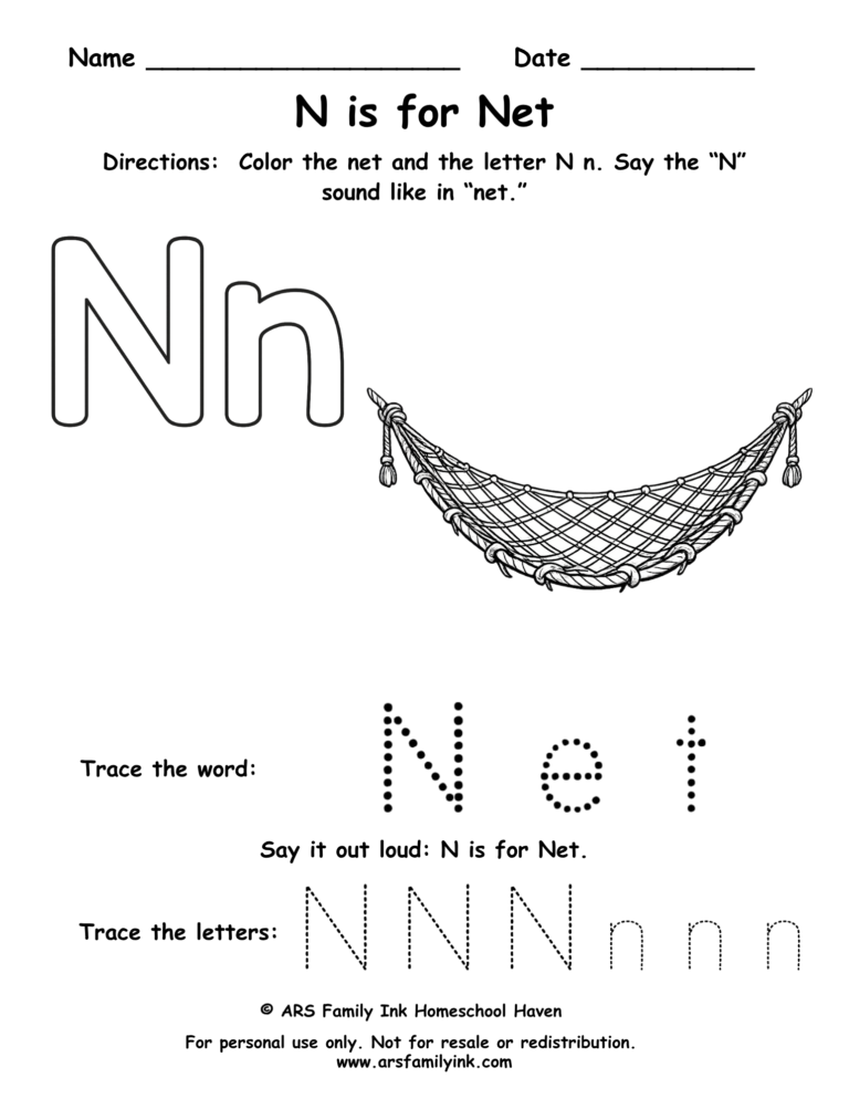 Preschool letter N worksheet with a net. Kids color the net, trace uppercase and lowercase N, and practice the N sound. Free printable phonics activity.