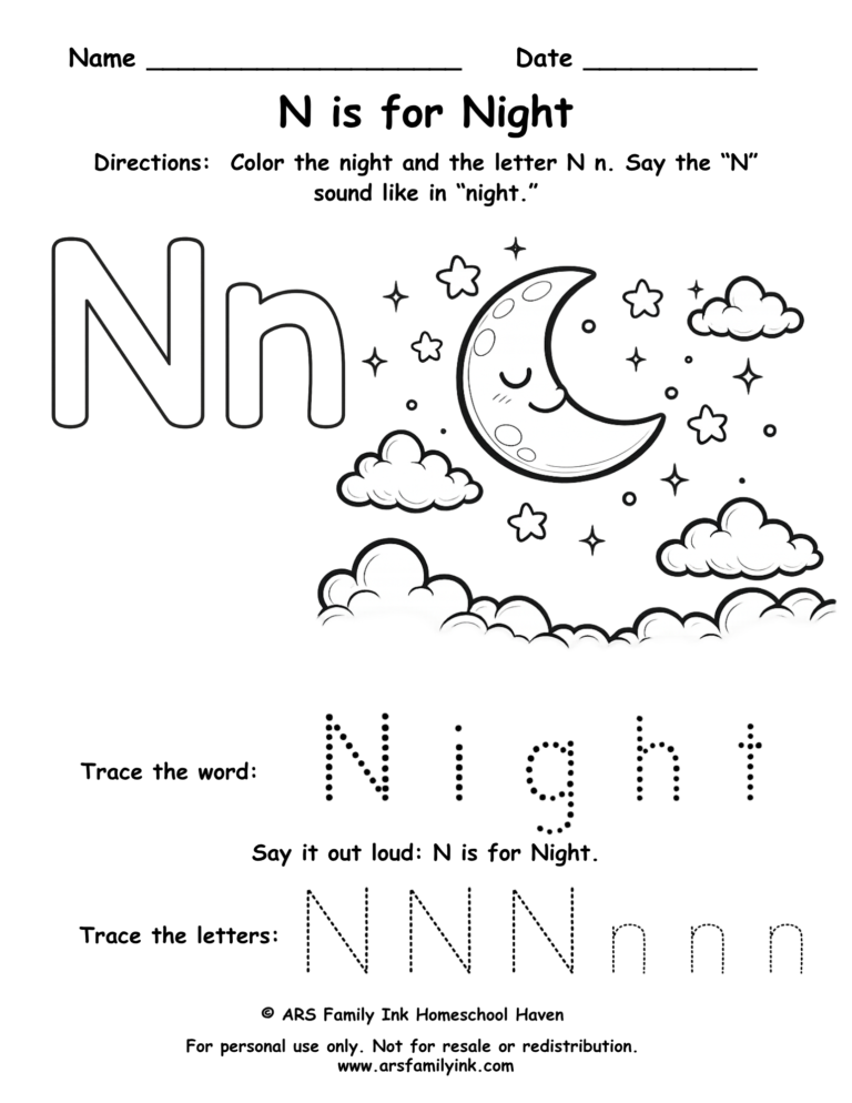 Preschool letter N worksheet with a night sky, moon, and stars. Kids color the picture, trace uppercase and lowercase N, and practice the N sound. Free printable phonics activity.