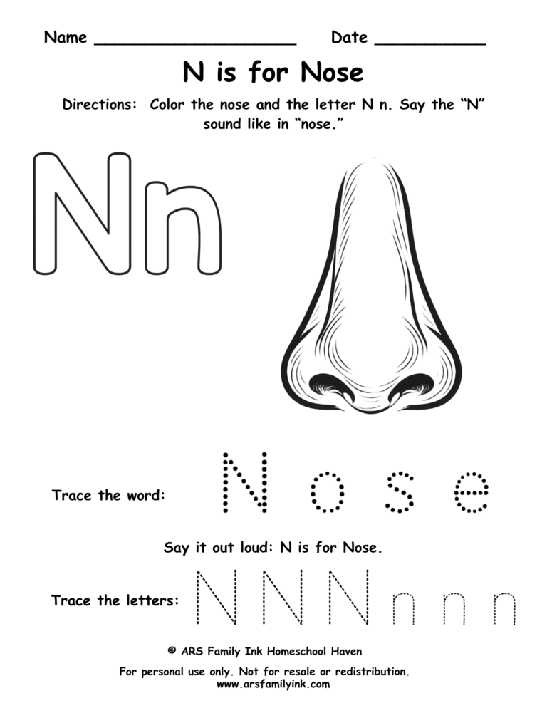 Preschool letter N worksheet with a nose. Kids color the nose, trace uppercase and lowercase N, and practice the N sound. Free printable phonics activity.