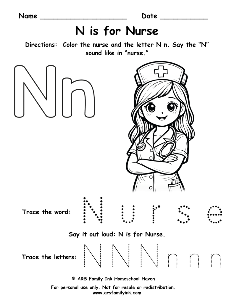 Preschool letter N worksheet with a nurse. Kids color the nurse, trace uppercase and lowercase N, and practice the N sound. Free printable phonics activity.