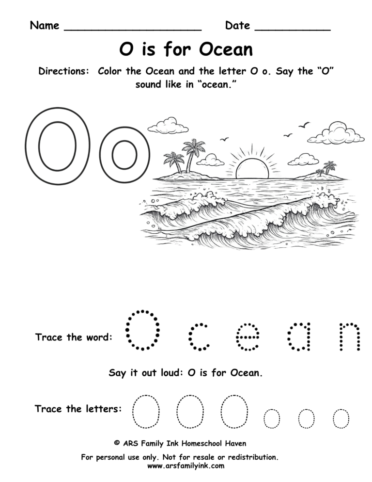 Preschool letter O worksheet with an ocean scene. Children color the ocean waves, trace uppercase and lowercase O, and practice the O sound. Free printable phonics activity.