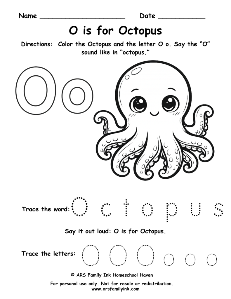 Preschool letter O worksheet with an octopus. Kids color the octopus, trace uppercase and lowercase O, and practice the O sound. Free printable phonics activity.