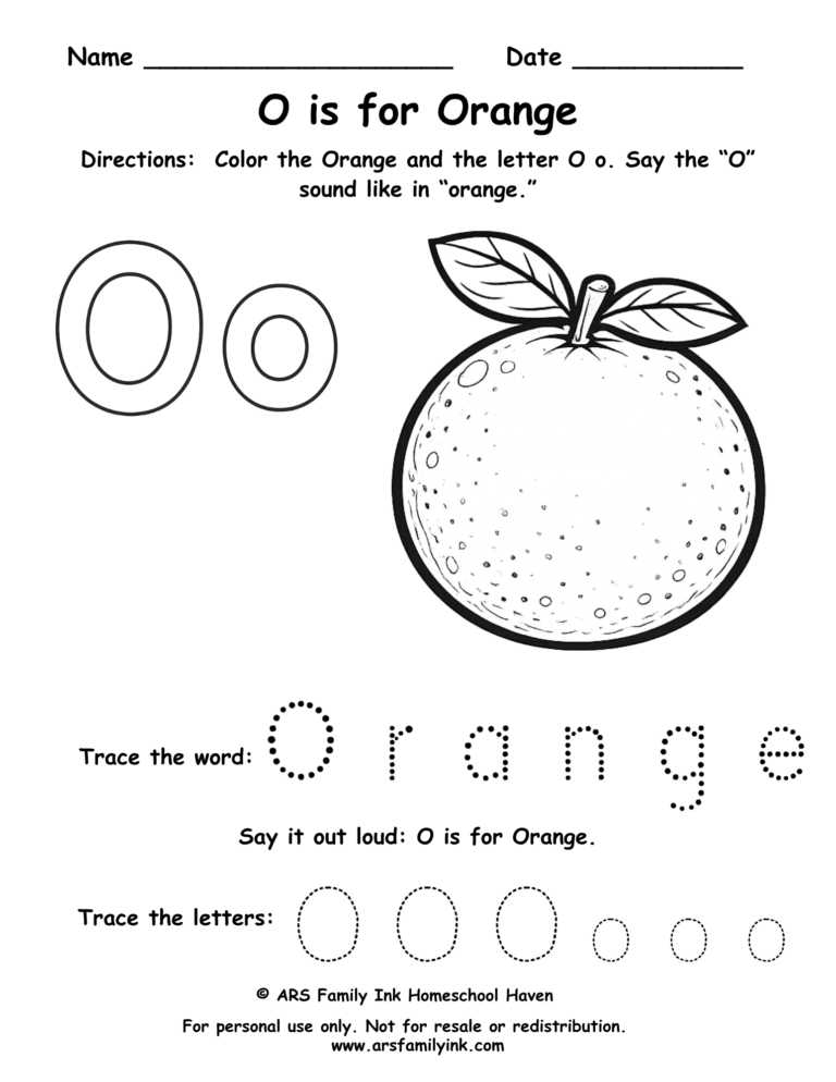 Preschool letter O worksheet with an orange fruit. Kids color the orange, trace uppercase and lowercase O, and practice the O sound. Free printable phonics activity.