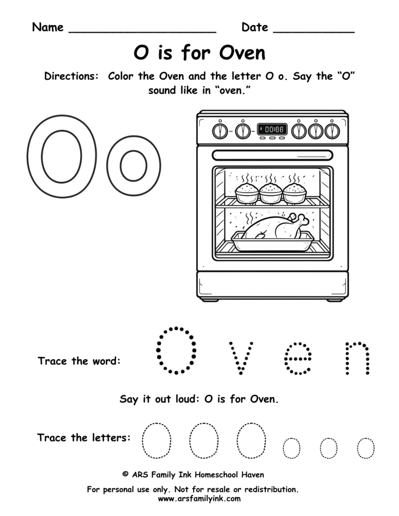 Preschool letter O worksheet with an oven. Kids color the oven, trace uppercase and lowercase O, and practice the O sound. Free printable phonics activity.