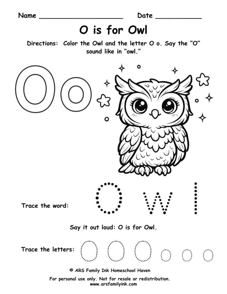 Preschool letter O worksheet with an owl. Children color the owl, trace uppercase and lowercase O, and practice the O sound. Free printable phonics activity.