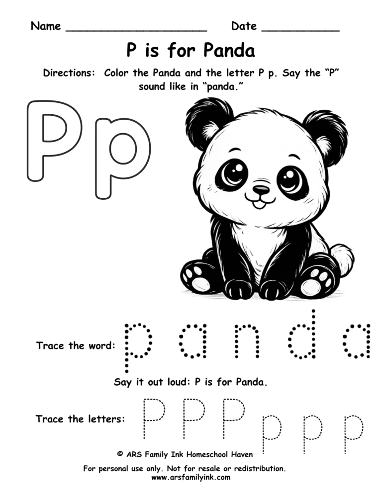 P is for Panda worksheet for preschool with tracing, letter recognition, and coloring activity