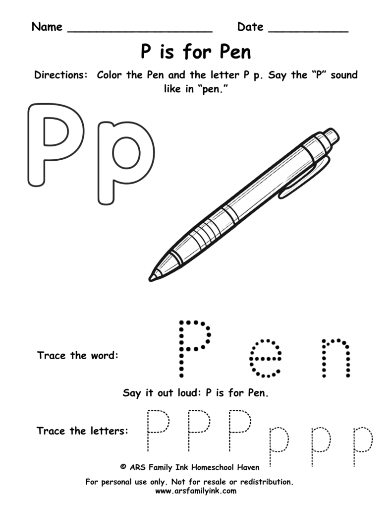 Letter P worksheet for preschool showing P is for pen with tracing and coloring activity