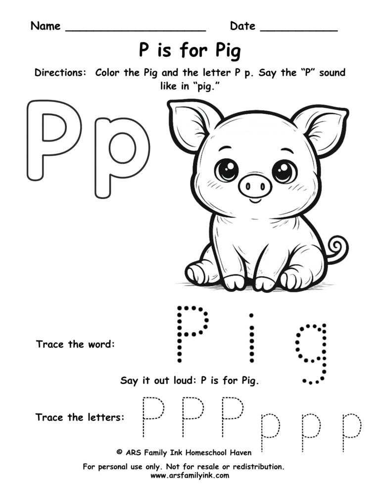 Letter P worksheet for preschool showing P is for pig with tracing and coloring activity