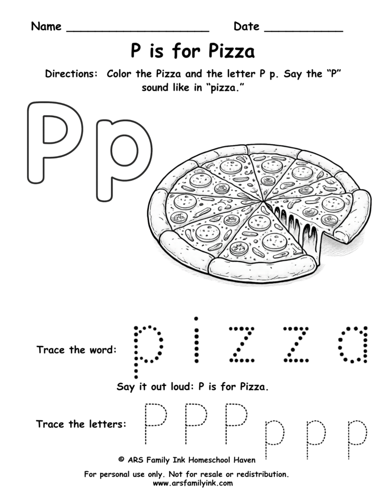 P is for Pizza worksheet for preschool with tracing, letter recognition, and coloring activity