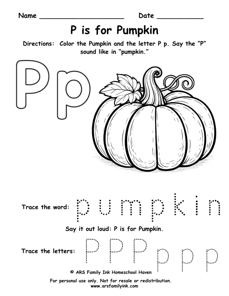 P is for Pumpkin worksheet for preschool with tracing, letter recognition, and coloring activity