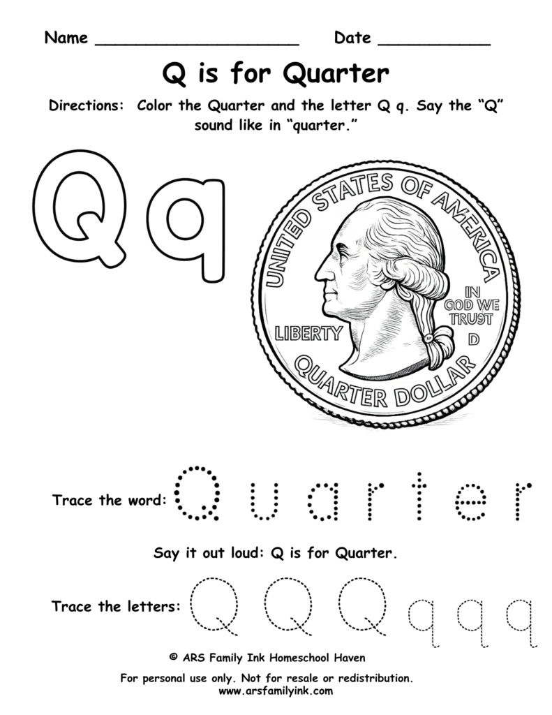 Letter Q worksheet for preschool featuring quarter coin coloring page and tracing practice