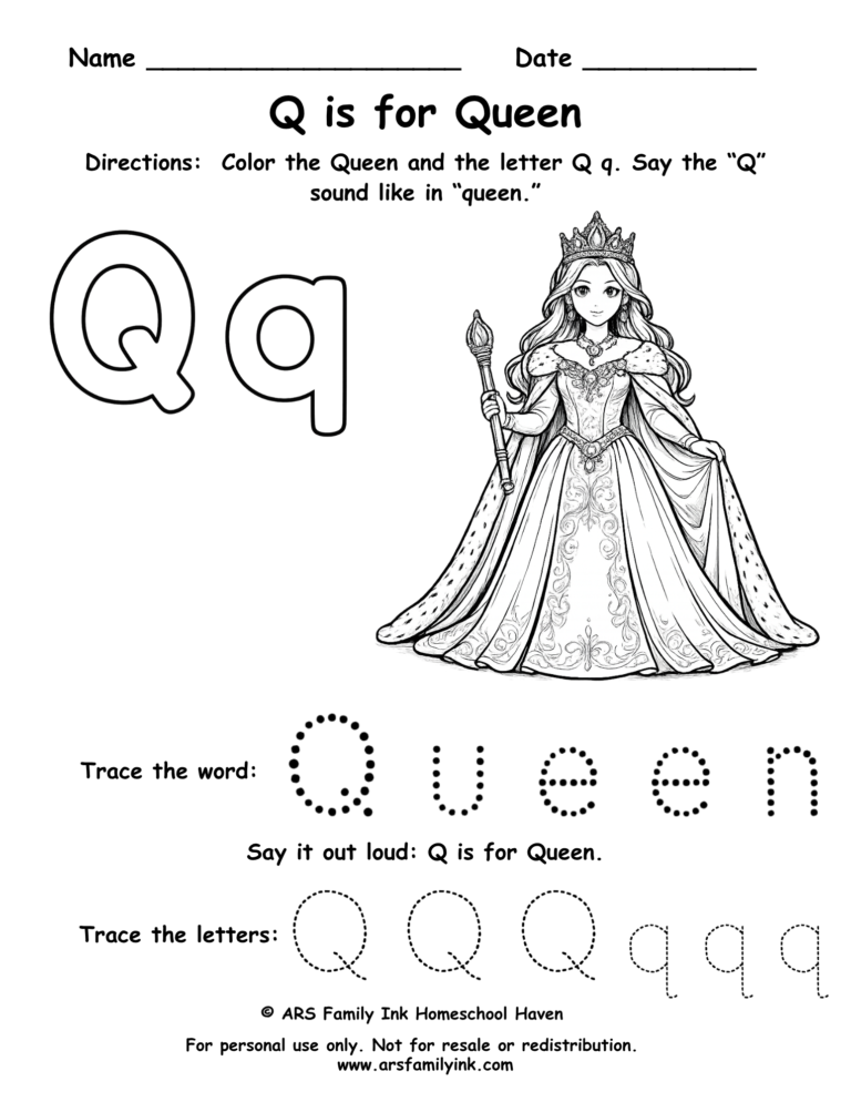 Letter Q worksheet for preschool featuring queen coloring page and tracing practice