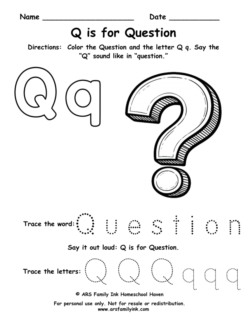 Letter Q worksheet for preschool featuring question mark coloring page and tracing practice